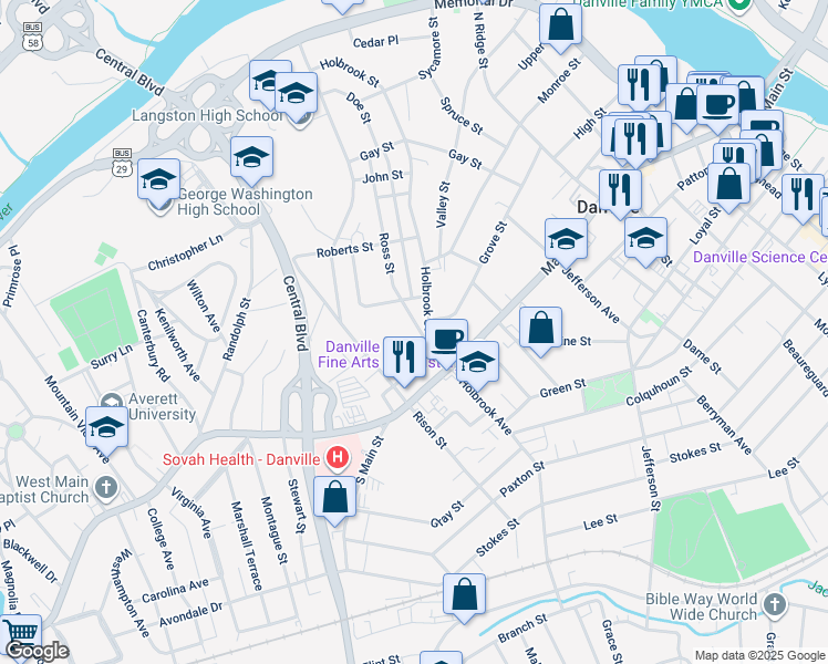 map of restaurants, bars, coffee shops, grocery stores, and more near 117 Ross Street in Danville
