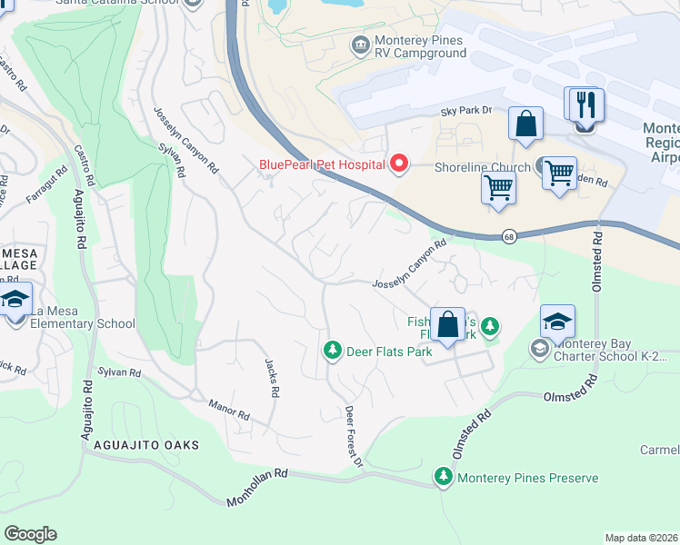 map of restaurants, bars, coffee shops, grocery stores, and more near 1561 Josselyn Canyon Road in Monterey