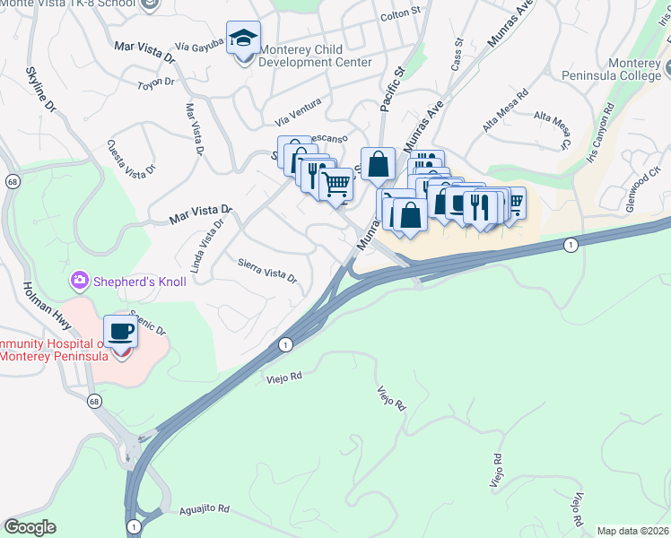 map of restaurants, bars, coffee shops, grocery stores, and more near 3 Vía Zaragosa in Monterey