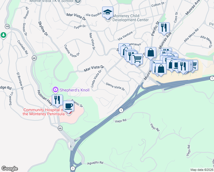 map of restaurants, bars, coffee shops, grocery stores, and more near 5 Cielo Vista Drive in Monterey