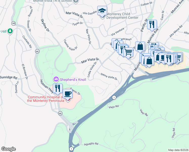 map of restaurants, bars, coffee shops, grocery stores, and more near 138 Monte Vista Drive in Monterey