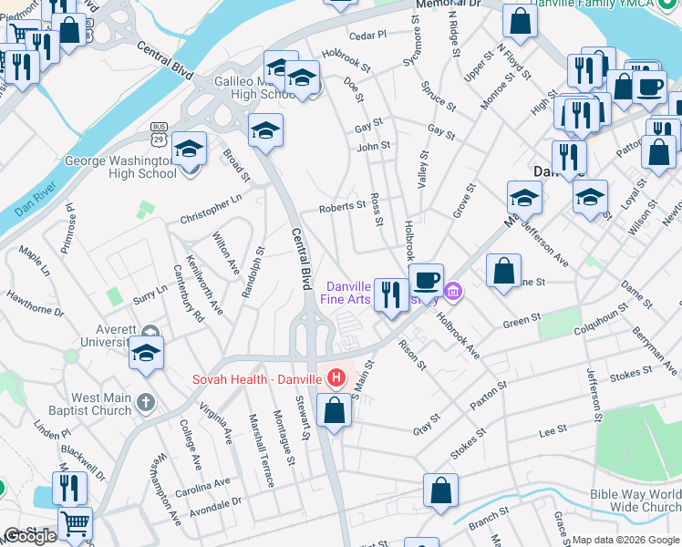 map of restaurants, bars, coffee shops, grocery stores, and more near 221 Broad Street in Danville