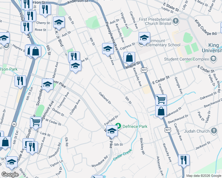 map of restaurants, bars, coffee shops, grocery stores, and more near 1100 5th Street in Bristol