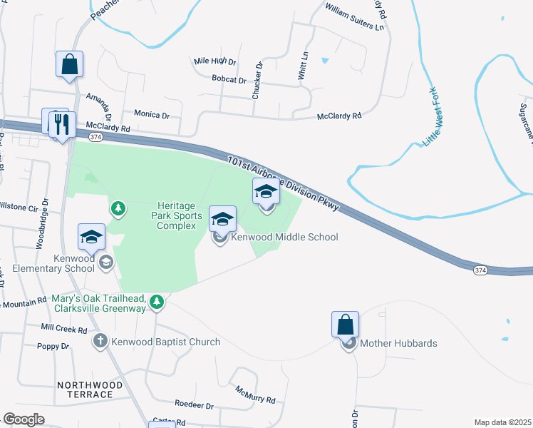 map of restaurants, bars, coffee shops, grocery stores, and more near 251 East Pine Mountain Road in Clarksville