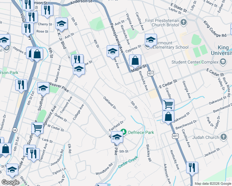 map of restaurants, bars, coffee shops, grocery stores, and more near 1100 5th Street in Bristol