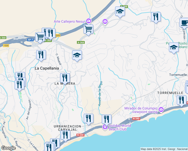 map of restaurants, bars, coffee shops, grocery stores, and more near 20 Paseo de Toledo in Benalmádena