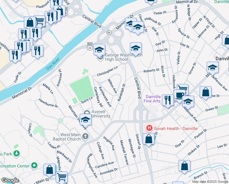 map of restaurants, bars, coffee shops, grocery stores, and more near 101 Wilton Avenue in Danville