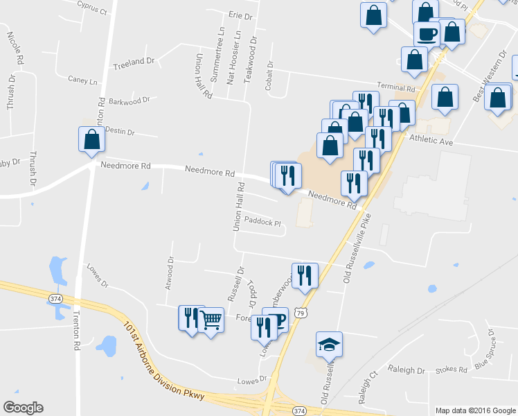map of restaurants, bars, coffee shops, grocery stores, and more near 2655 Union Hall Road in Clarksville