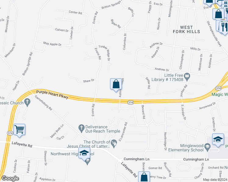 map of restaurants, bars, coffee shops, grocery stores, and more near 1100 Ashridge Drive in Clarksville