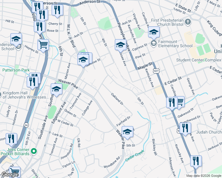 map of restaurants, bars, coffee shops, grocery stores, and more near 1023 Oakland Drive in Bristol