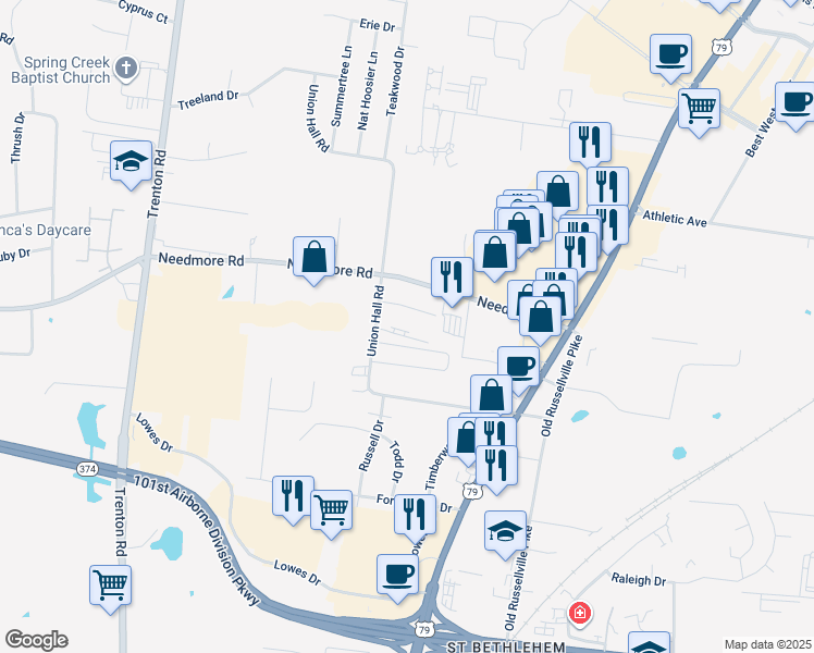 map of restaurants, bars, coffee shops, grocery stores, and more near 253 White Oak Road in Clarksville