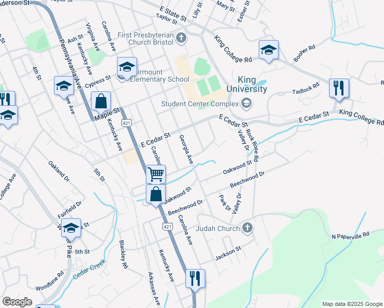 map of restaurants, bars, coffee shops, grocery stores, and more near 1247 Georgia Avenue in Bristol