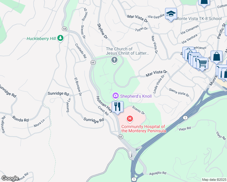 map of restaurants, bars, coffee shops, grocery stores, and more near 3 Wright Place in Monterey