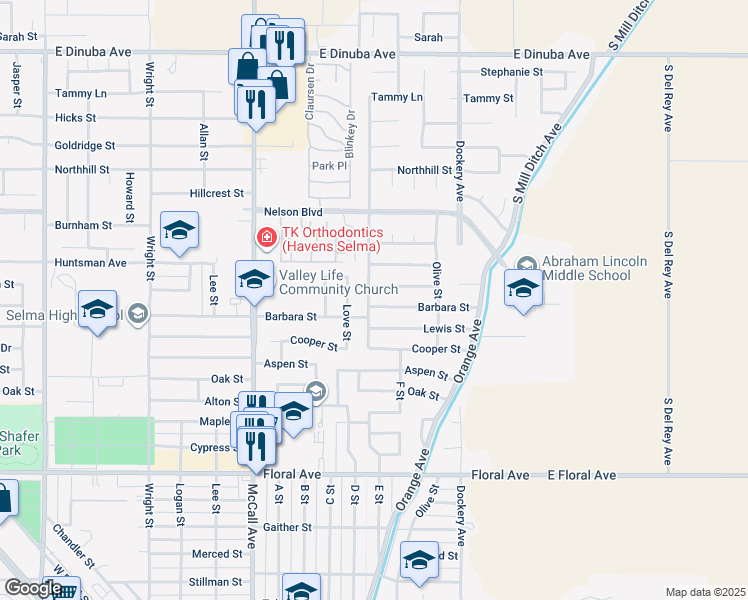 map of restaurants, bars, coffee shops, grocery stores, and more near 1448 Barbara Street in Selma