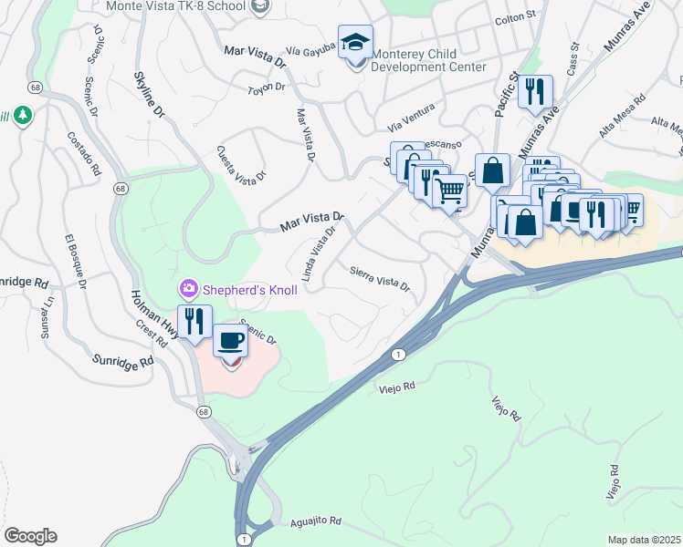 map of restaurants, bars, coffee shops, grocery stores, and more near 59 Sierra Vista Drive in Monterey