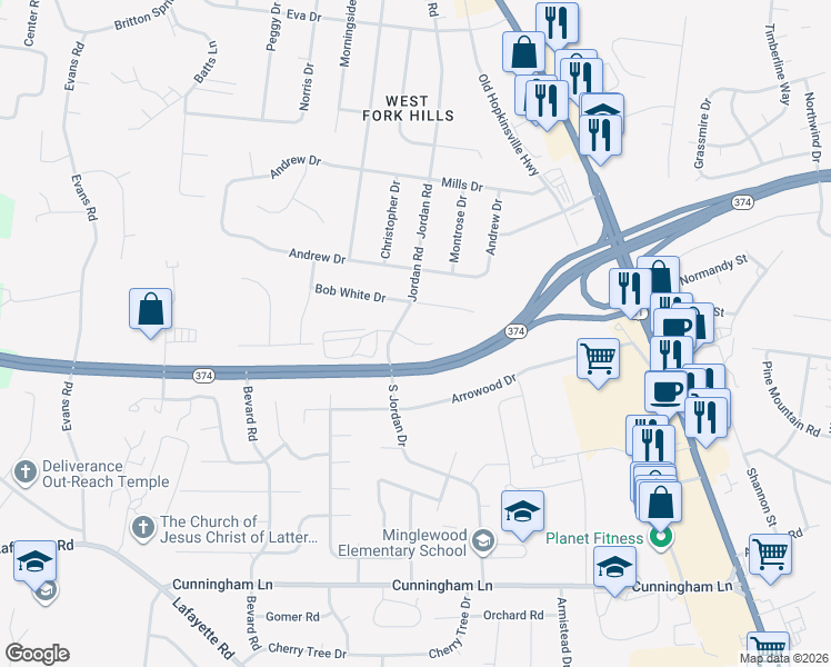 map of restaurants, bars, coffee shops, grocery stores, and more near 209 Quail Ridge Road in Clarksville