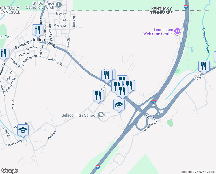 map of restaurants, bars, coffee shops, grocery stores, and more near 1244 5th Street in Jellico