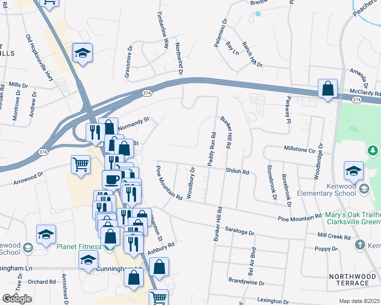 map of restaurants, bars, coffee shops, grocery stores, and more near 644 Bunker Hill Road in Clarksville