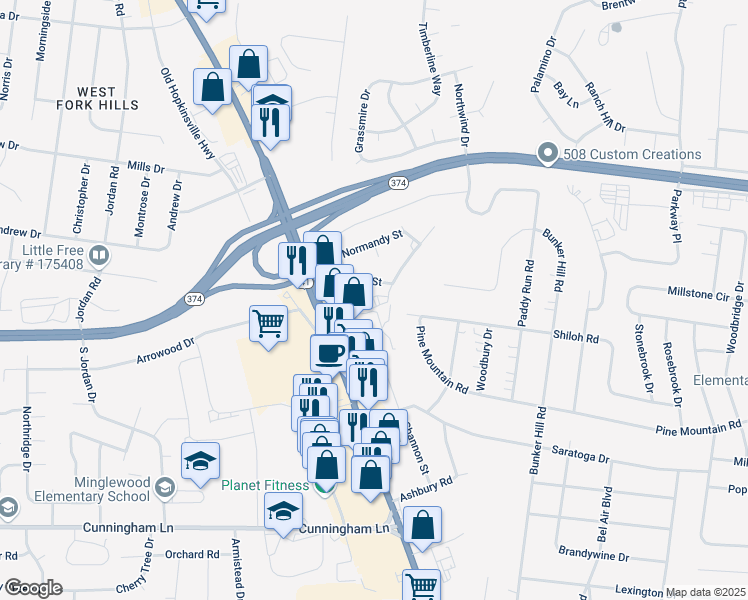map of restaurants, bars, coffee shops, grocery stores, and more near 1690 Airborne Street in Clarksville