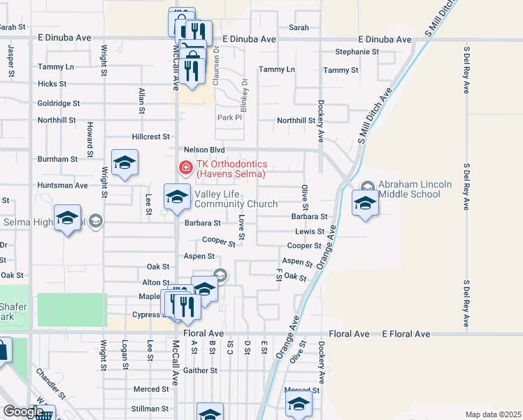 map of restaurants, bars, coffee shops, grocery stores, and more near 1448 Barbara Street in Selma
