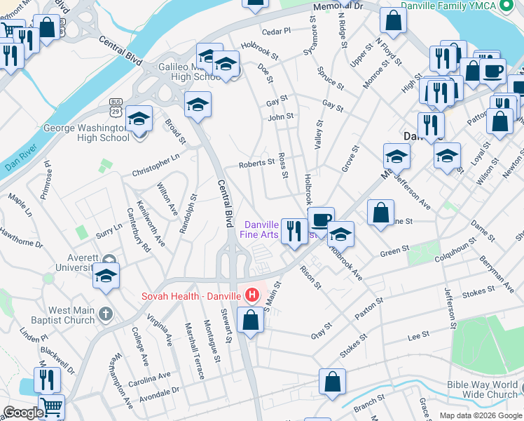 map of restaurants, bars, coffee shops, grocery stores, and more near 221 Broad Street in Danville