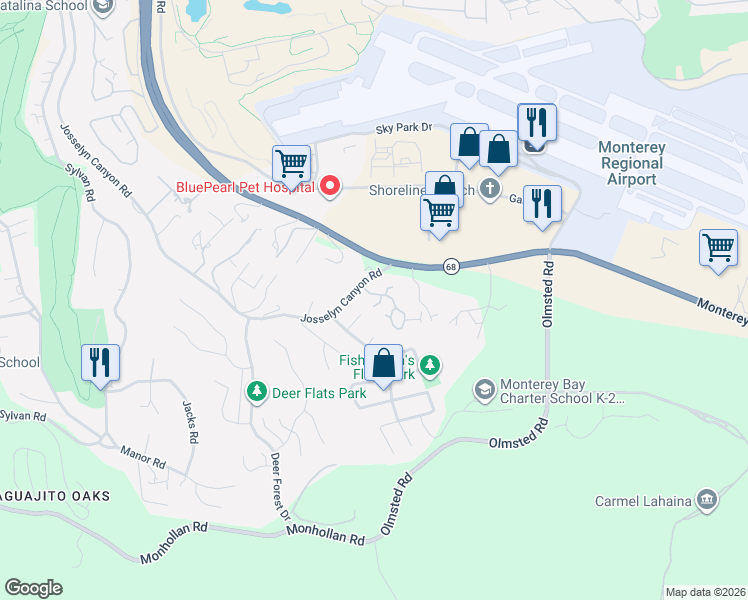 map of restaurants, bars, coffee shops, grocery stores, and more near 1360 Josselyn Canyon Road in Monterey
