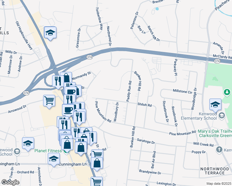 map of restaurants, bars, coffee shops, grocery stores, and more near 644 Bunker Hill Road in Clarksville