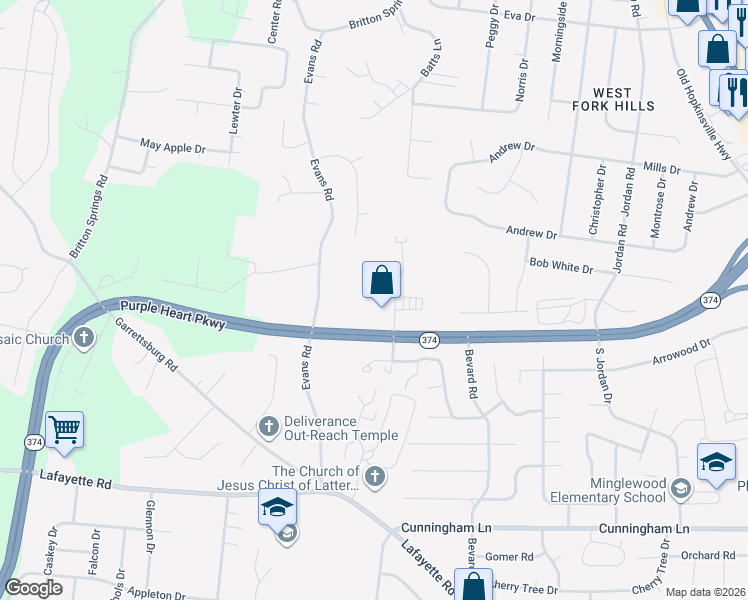 map of restaurants, bars, coffee shops, grocery stores, and more near 1110 Ashridge Drive in Clarksville