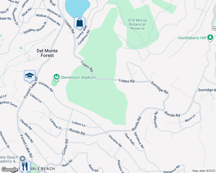 map of restaurants, bars, coffee shops, grocery stores, and more near 3200 Lopez Road in Del Monte Forest