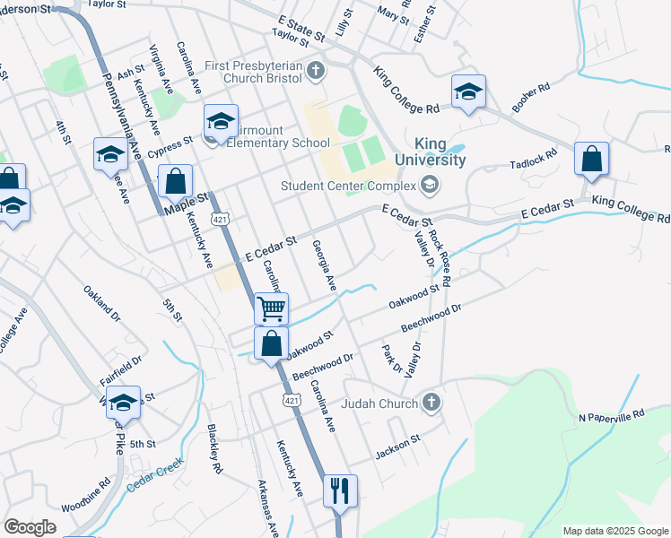 map of restaurants, bars, coffee shops, grocery stores, and more near 1247 Georgia Avenue in Bristol