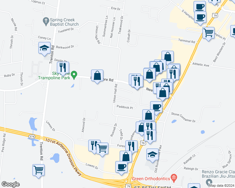 map of restaurants, bars, coffee shops, grocery stores, and more near 2655 Union Hall Road in Clarksville