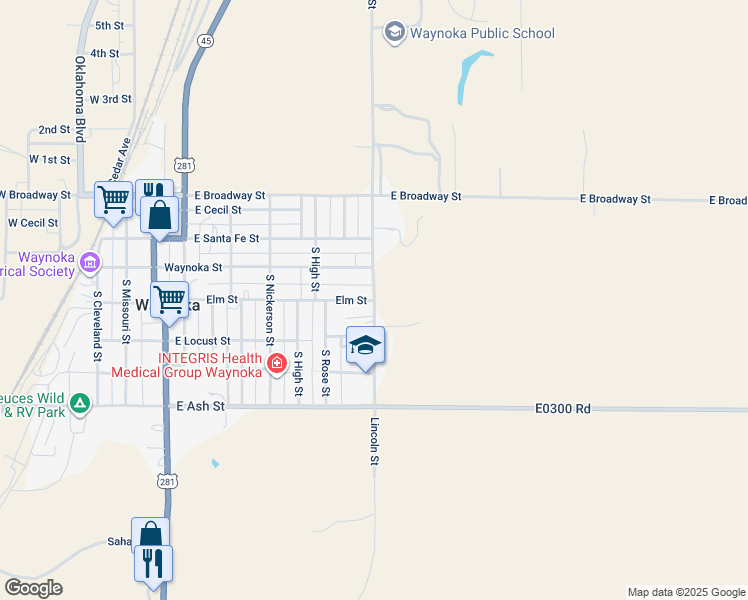 map of restaurants, bars, coffee shops, grocery stores, and more near 300 South Lincoln Street in Waynoka