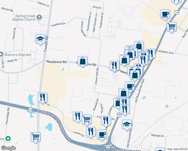 map of restaurants, bars, coffee shops, grocery stores, and more near 2618 Union Hall Road in Clarksville