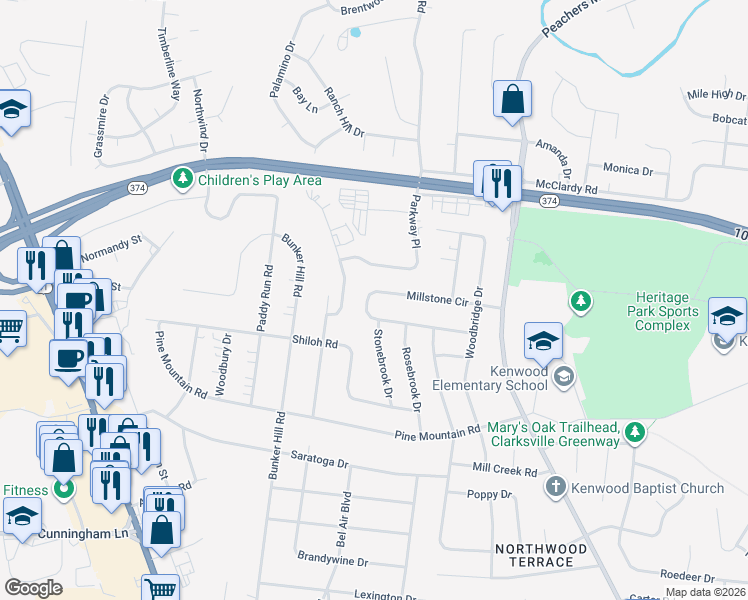 map of restaurants, bars, coffee shops, grocery stores, and more near 233 Millstone Circle in Clarksville
