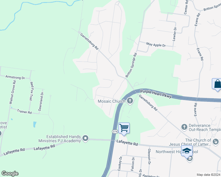 map of restaurants, bars, coffee shops, grocery stores, and more near 1212 Kendall Drive in Clarksville