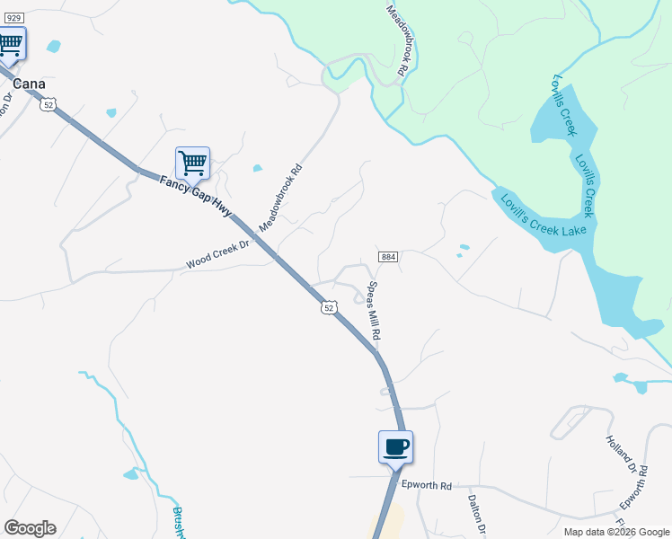 map of restaurants, bars, coffee shops, grocery stores, and more near 103 Truckers Lane in Cana