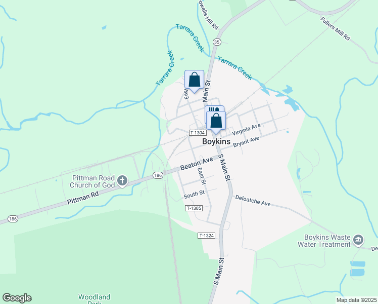 map of restaurants, bars, coffee shops, grocery stores, and more near 32192 Broad Street in Boykins