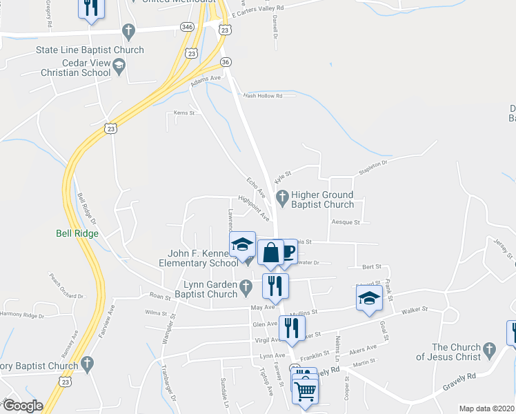 map of restaurants, bars, coffee shops, grocery stores, and more near 1713 Highpoint Avenue in Kingsport