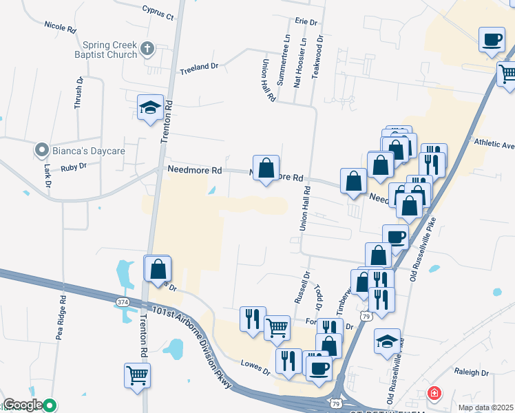 map of restaurants, bars, coffee shops, grocery stores, and more near 290 Needmore Road in Clarksville
