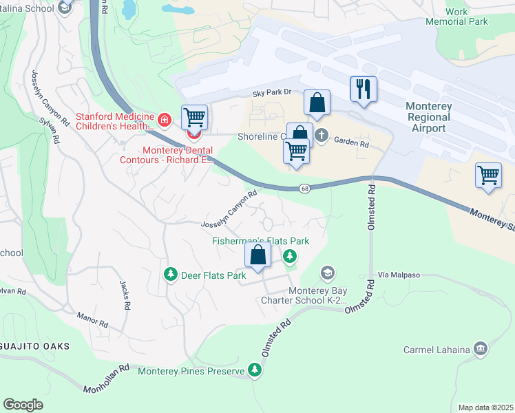 map of restaurants, bars, coffee shops, grocery stores, and more near 1360 Josselyn Canyon Road in Monterey