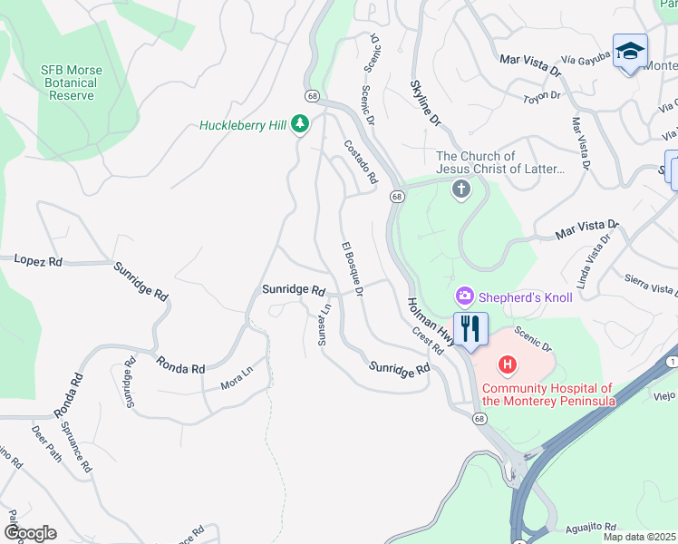 map of restaurants, bars, coffee shops, grocery stores, and more near 4095 Sunset Lane in Del Monte Forest