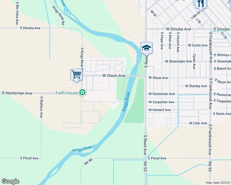 map of restaurants, bars, coffee shops, grocery stores, and more near 1279 West Henley Creek Road in Reedley