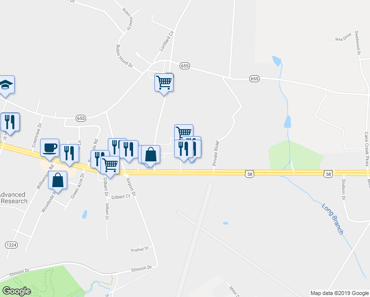 map of restaurants, bars, coffee shops, grocery stores, and more near 1461 South Boston Road in Danville