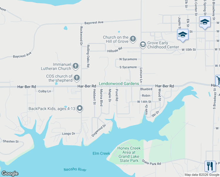 map of restaurants, bars, coffee shops, grocery stores, and more near 1409 Maple Street in Grove