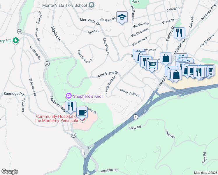 map of restaurants, bars, coffee shops, grocery stores, and more near 138 Monte Vista Drive in Monterey