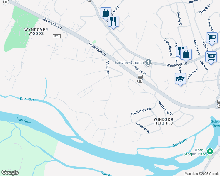 map of restaurants, bars, coffee shops, grocery stores, and more near 340 Barrett Street in Danville
