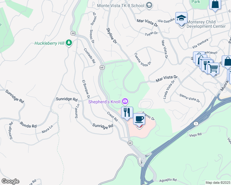 map of restaurants, bars, coffee shops, grocery stores, and more near 3 Shepherds Place in Monterey