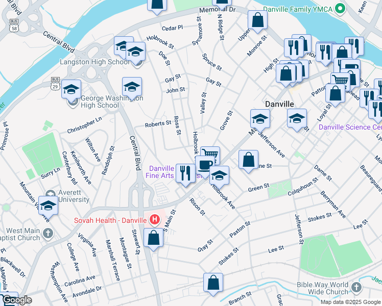 map of restaurants, bars, coffee shops, grocery stores, and more near 117 Ross Street in Danville