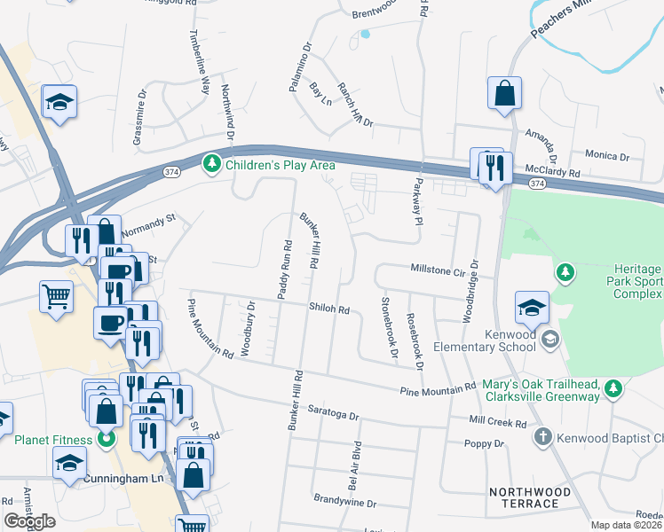 map of restaurants, bars, coffee shops, grocery stores, and more near 1203 Verkler Drive in Clarksville