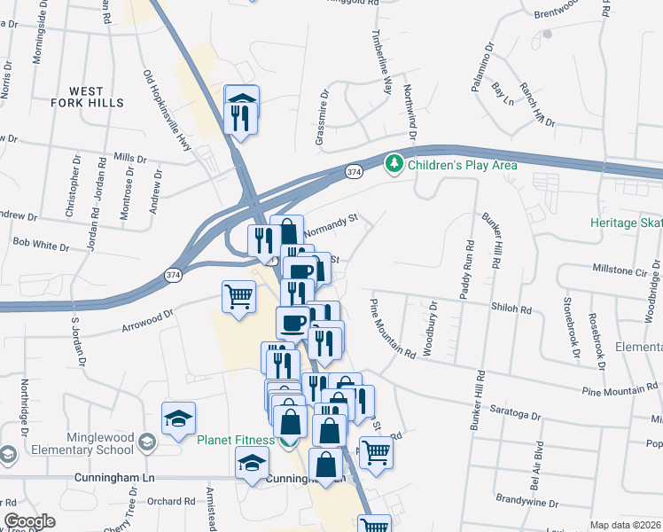 map of restaurants, bars, coffee shops, grocery stores, and more near 1690 Airborne Street in Clarksville